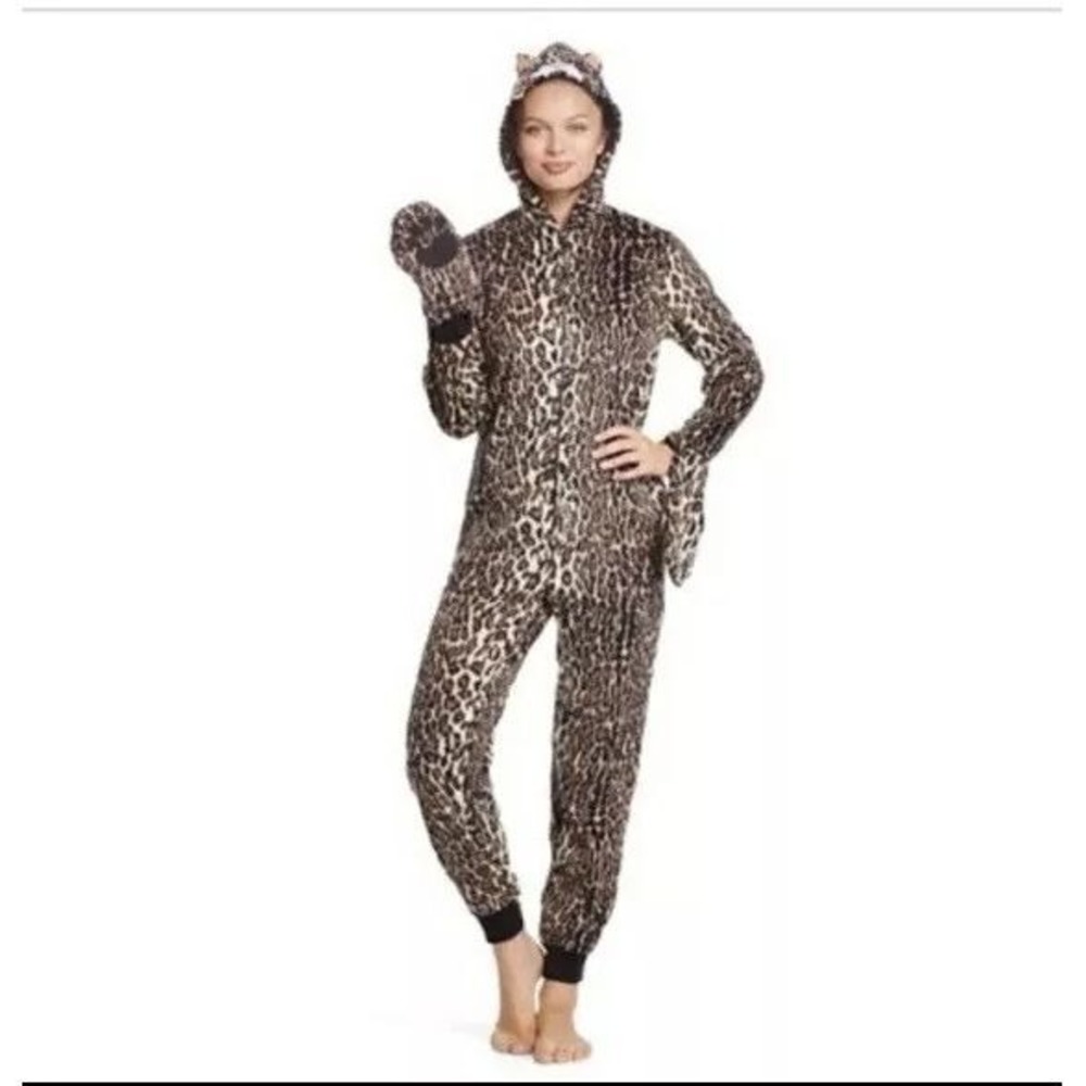 Nick & Nora Womens Animal Core Leopard Fleece Pajama Jumpsuit S Brown Cheetah